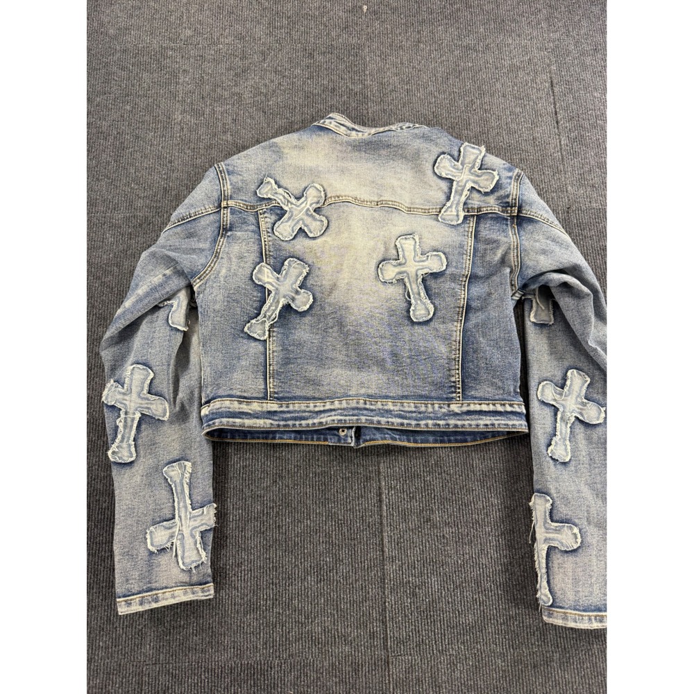 Edge by KS Womens Distressed Cross Patch Denim Jacket Blue LT60330B-K Medium - Picture 6 of 6